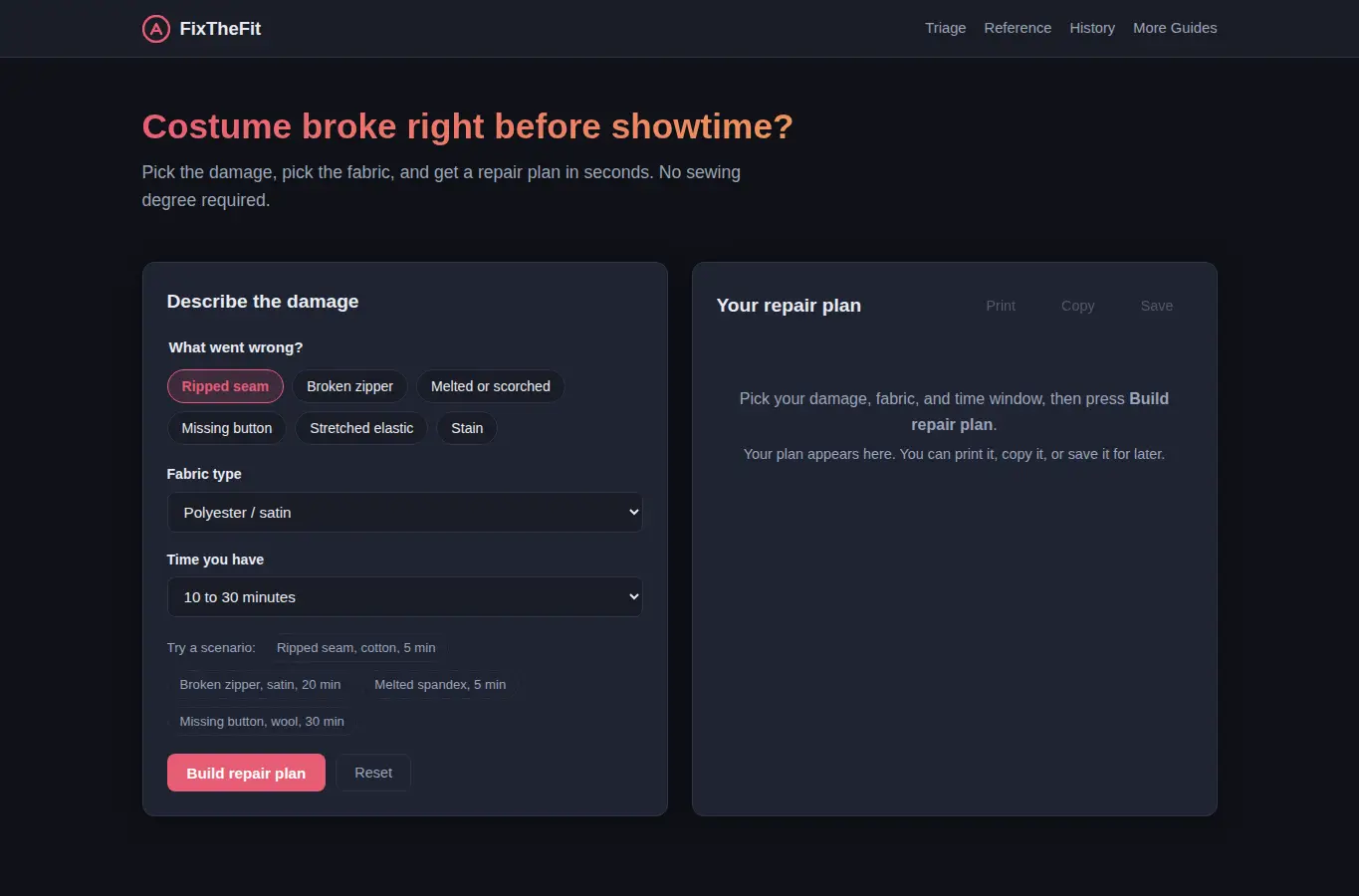 Screenshot of FixTheFit: Costume Repair Triage Guide interface showing the project page in use